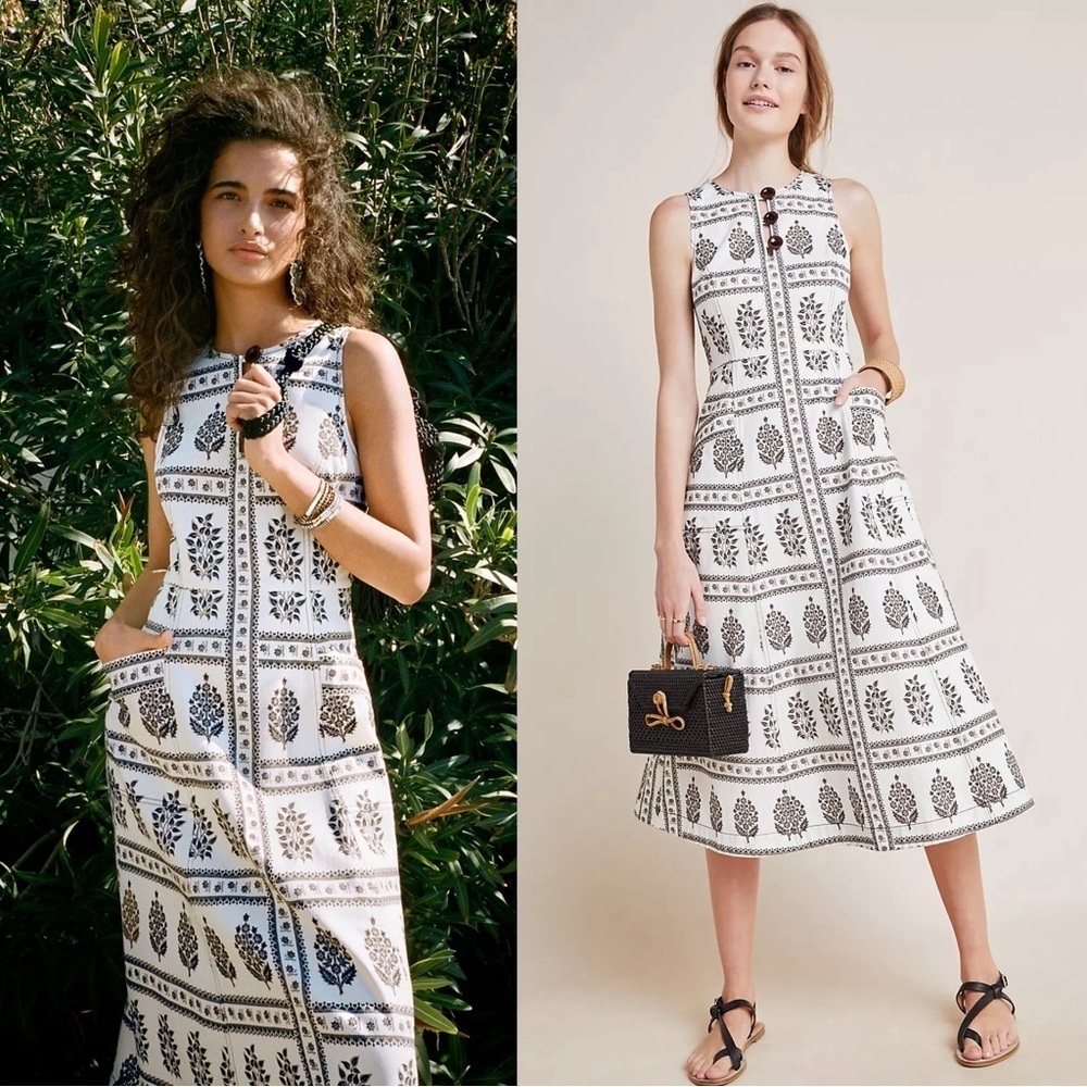 Anthropologie • Woodblock Midi Dress cream brown floral print stretch twill